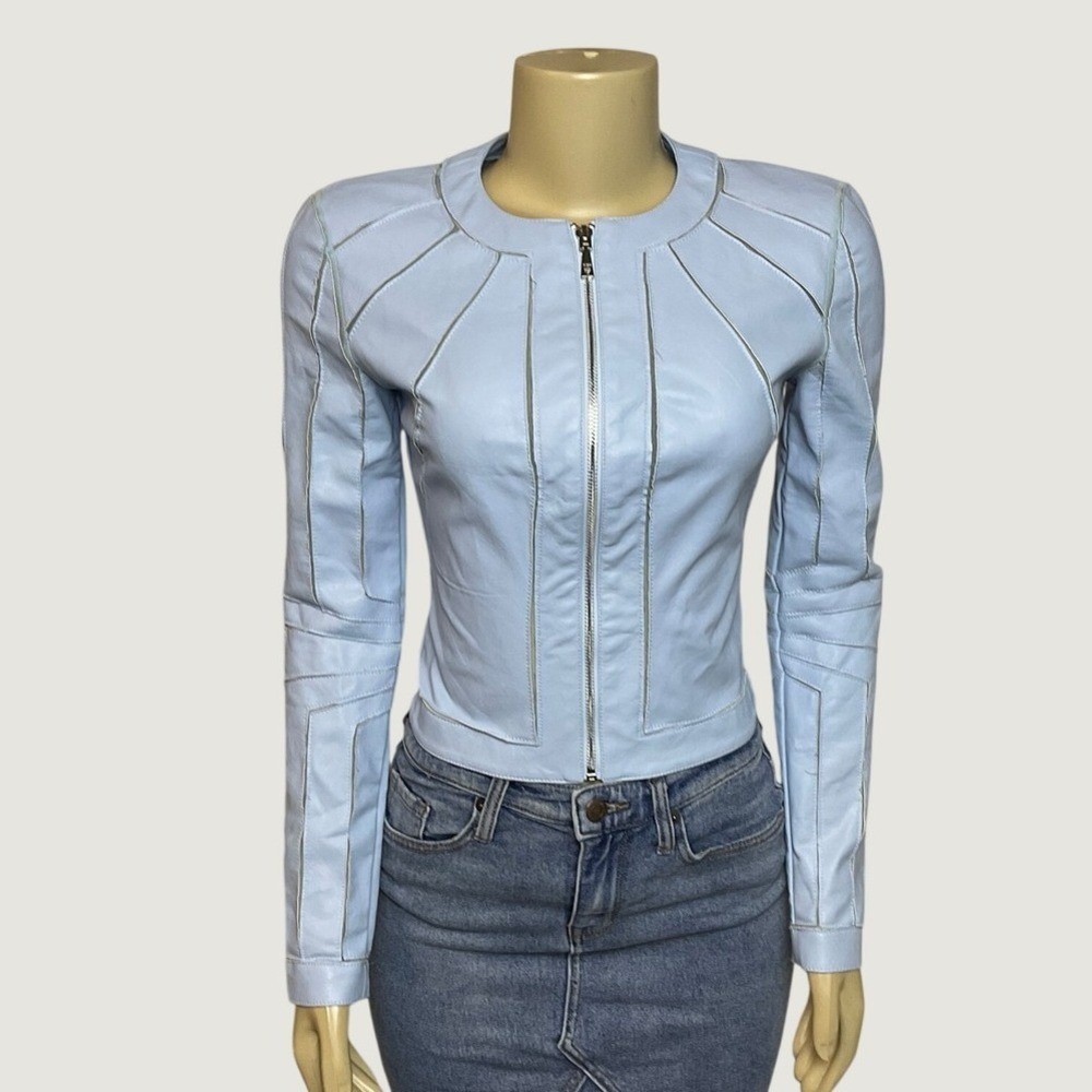 Guess Womens Baby Blue Faux Leather Paneled Moto Jacket XS W62L20W72Y0